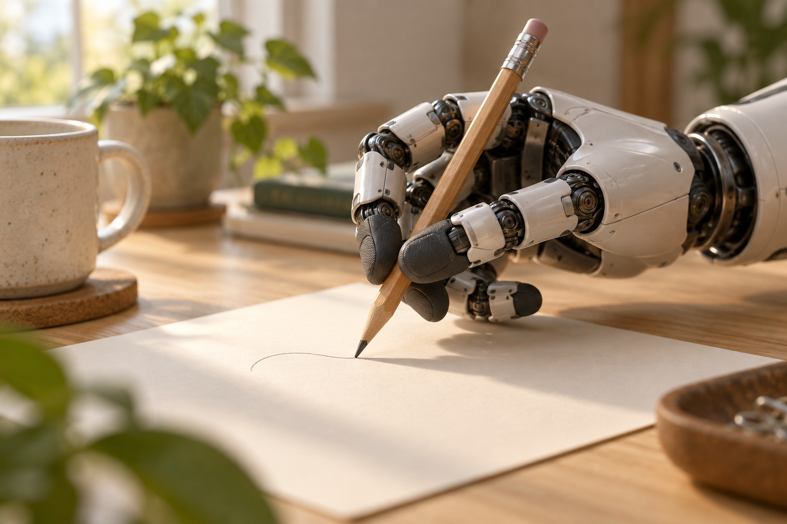 Ilustración IA para: Una mano robótica aprende a escribir ajustando sus movimientos en tiempo real. Concepto editorial; no es una fotografía del hecho descrito.