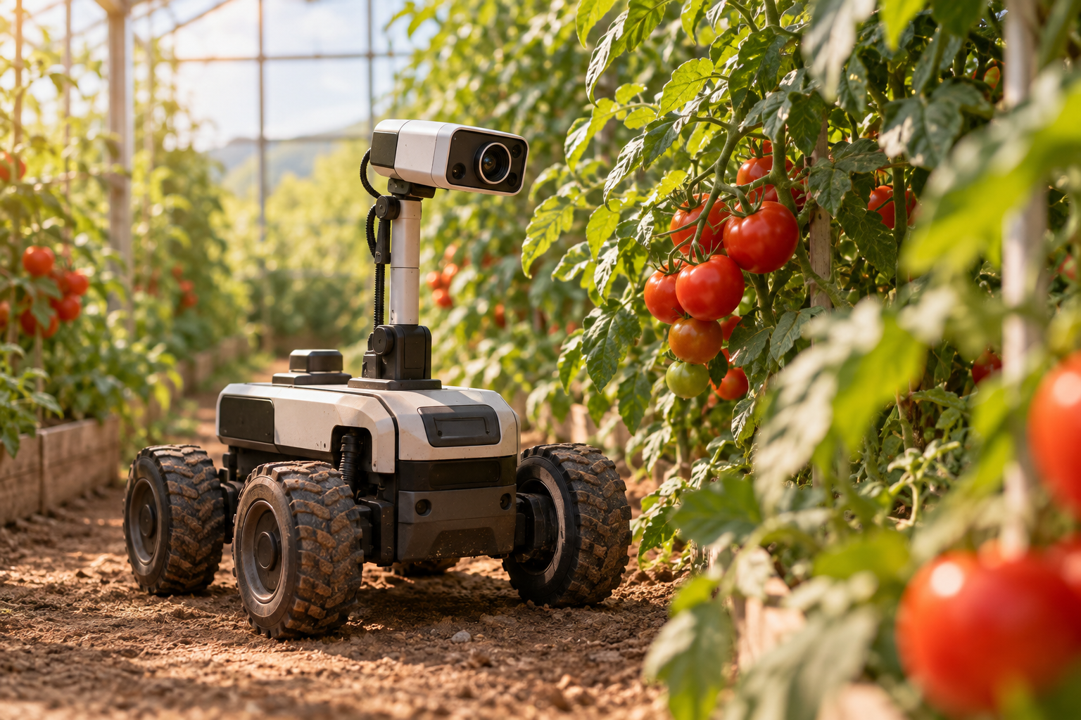 Ilustración IA para: Un sistema de visión reconstruye tomates parcialmente ocultos para orientar a robots agrícolas. Concepto editorial; no es una fotografía del hecho descrito.