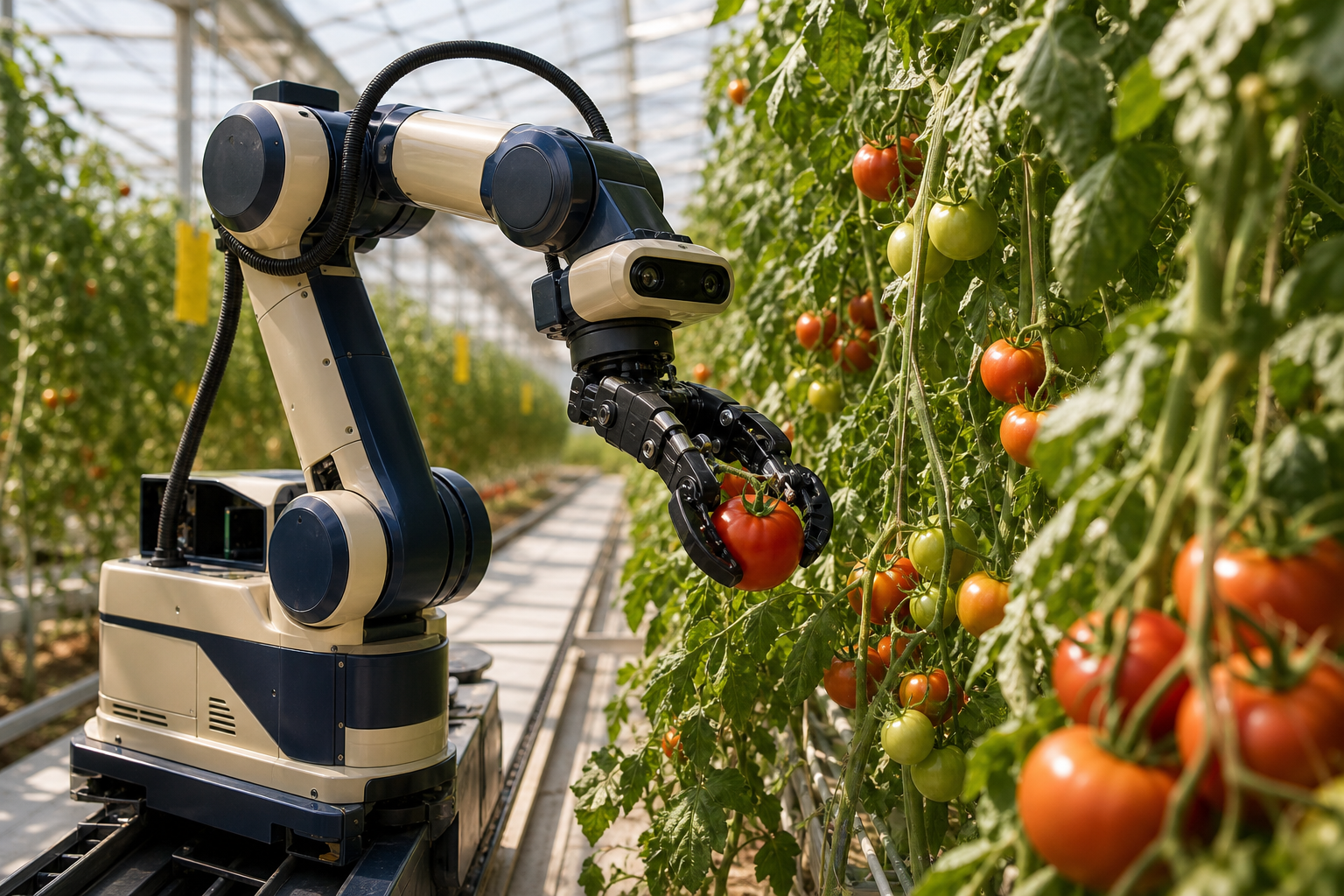 Ilustración IA para: Investigación sobre un algoritmo mejorado de planificación de trayectorias para manipuladores de cosecha de tomates. Concepto editorial; no es una fotografía del hecho descrito.