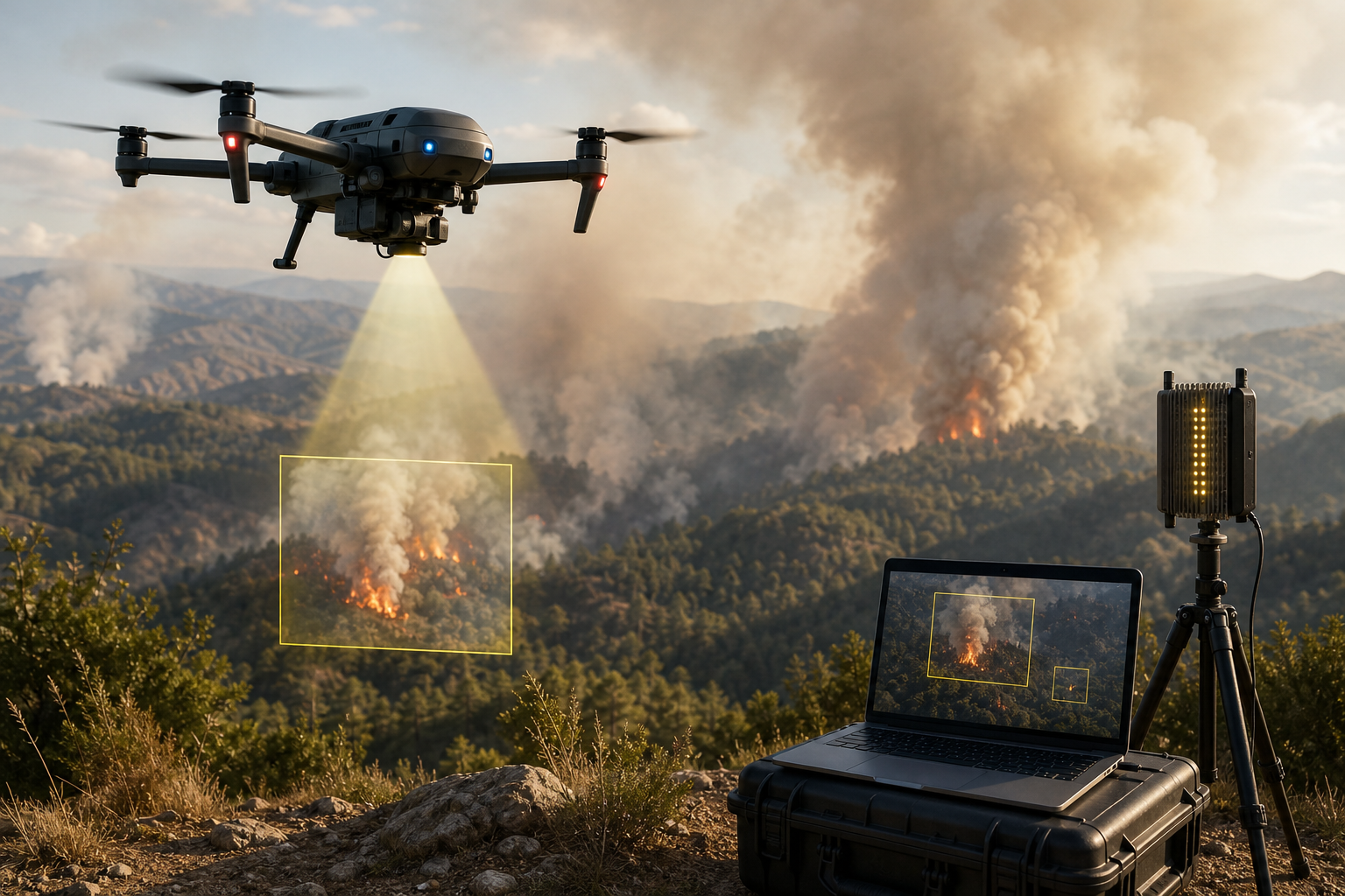 Ilustración IA para: Un marco de visión por computadora basado en UAV para la detección y localización de incendios y humo. Concepto editorial; no es una fotografía del hecho descrito.
