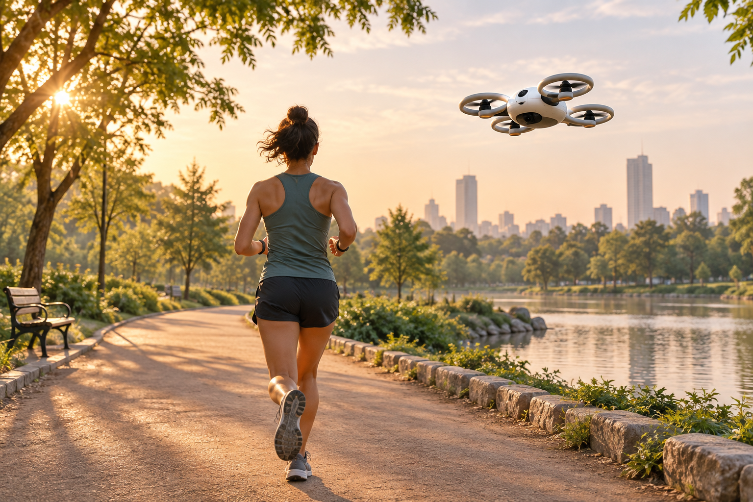Ilustración IA para: Investigación sobre drones sociales para correr recreativamente a través del co-diseño. Concepto editorial; no es una fotografía del hecho descrito.