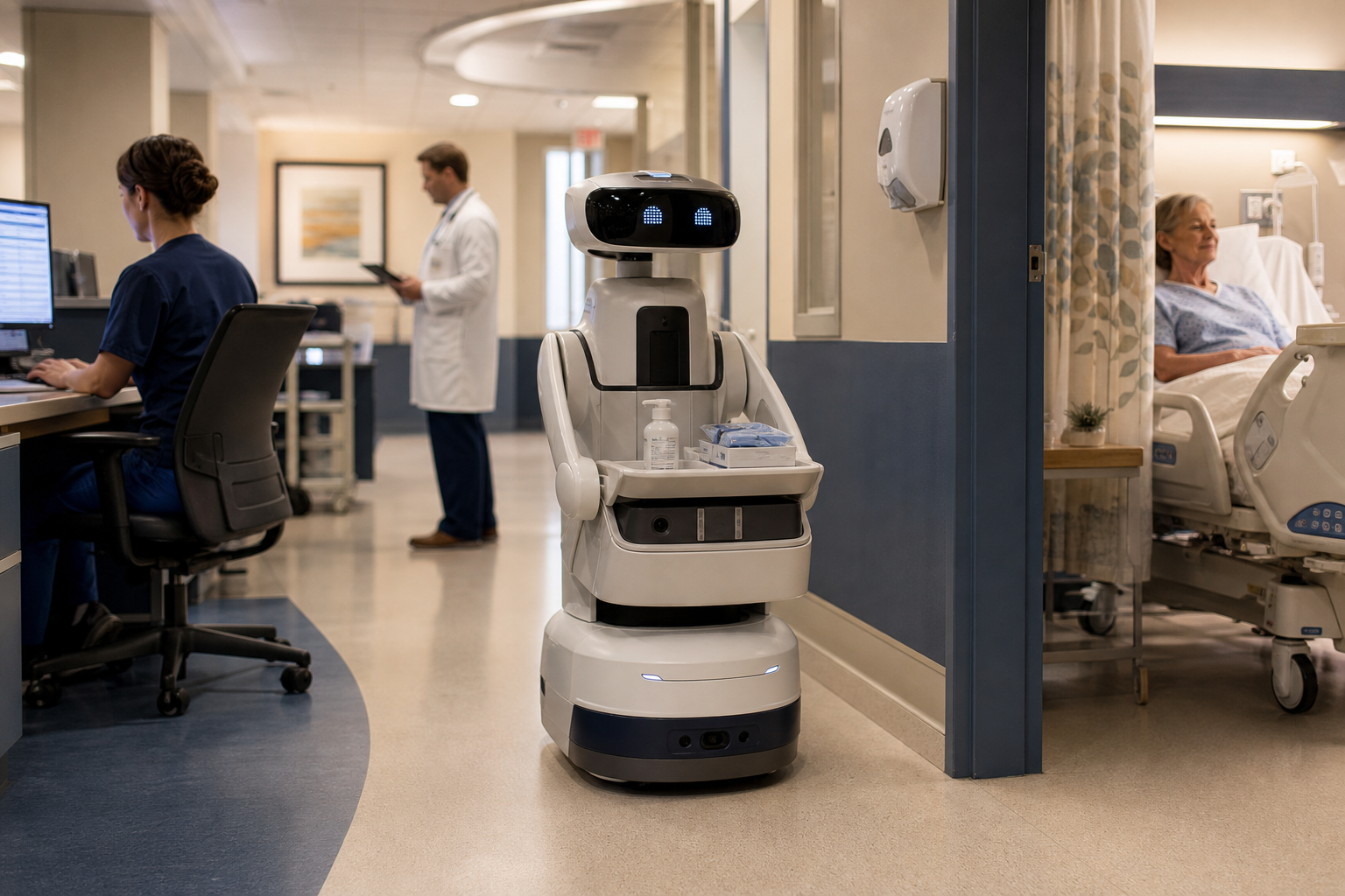 Ilustración IA para: Orquestación de tareas clínicas y supervisión de seguridad para un robot de ronda médica dirigido por un médico: un estudio de viabilidad basado en simulación. Concepto editorial; no es una fotografía del hecho descrito.